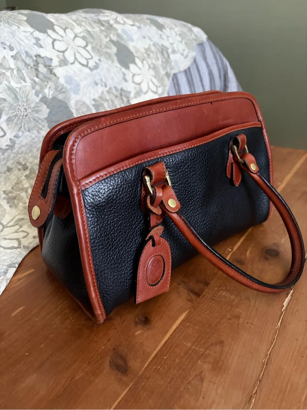 Vintage Liz Claiborne Black Pebbled Satchel with Cognac Trim